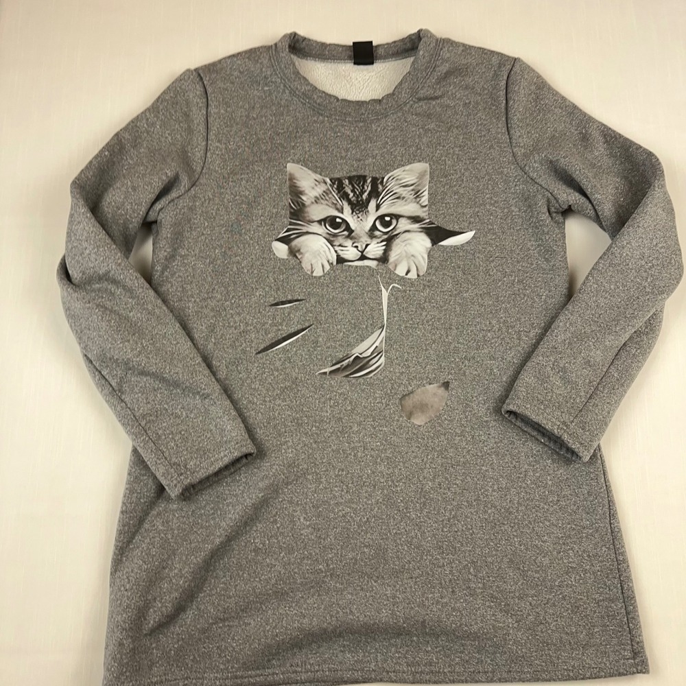 JustFashionNow Gray Cat Graphic Fleece Lined Sweatshirt Tunic Large